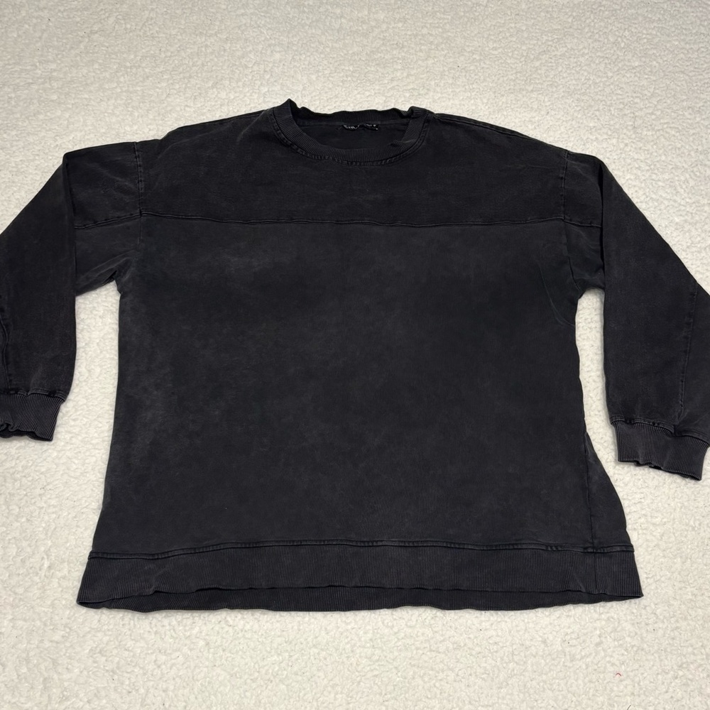 Zara Women Black Wash Denim and Knit Crew Pullover Sweatshirt